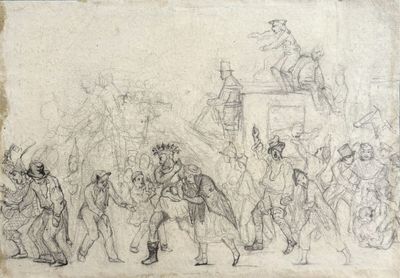 un vieux dessin représentant un homme à cheval devant une foule