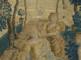 a tapestry with a picture of a woman and two men
