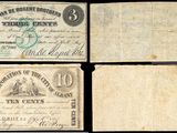 trois anciens billets de banque sur lesquels figure, d'un côté, l'effigie d'un homme et, de l'autre, celle d'une femme