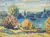 une image d'une peinture représentant un bateau sur une rivière