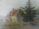 tableau représentant une maison au toit rouge avec un arbre au premier plan