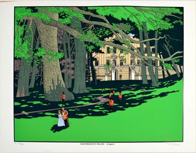 a painting of a group of people walking in a park