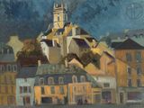 a painting of a building with a clock tower on top of it