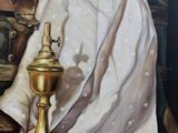 a painting of a lamp and a book on a table