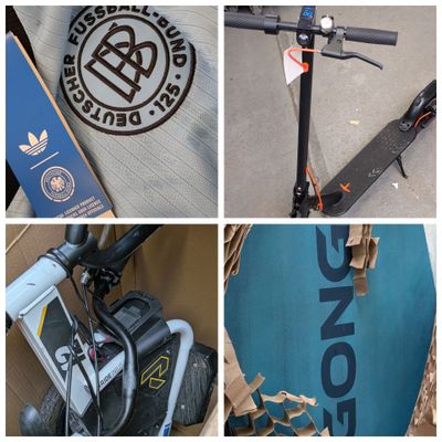 quatre images différentes représentant un skateboard, une trottinette et un sac