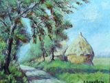 une peinture à l'huile représentant une scène de campagne avec des balles de foin au bord d'un chemin de terre