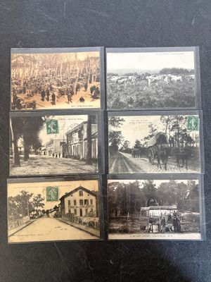 several old black and white photos of a town with a horse drawn carriage