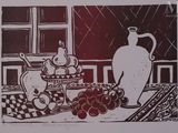 a picture of a picture of a table with fruit and a vase