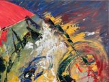 un tableau représentant une femme avec un parapluie rouge