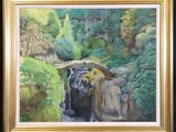 une peinture à l'huile représentant une cascade enjambée par un pont