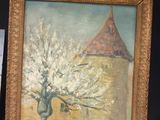 a picture of a painting of a tree in front of a building