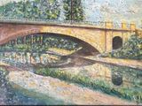 a painting of a bridge over a river with trees in the background