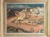 an oil painting of a view of a town in a mountainous area