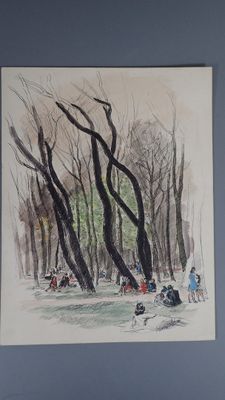 une photo d'un tableau représentant un groupe de personnes dans les bois