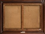 an old picture of a wooden frame with a picture in it