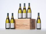 six bottles of wine in a wooden box with a white background