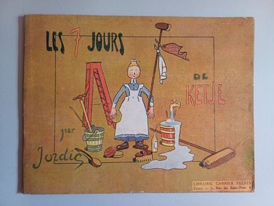 an old book with a picture of a woman in an apron holding a mop and a bucket of paint