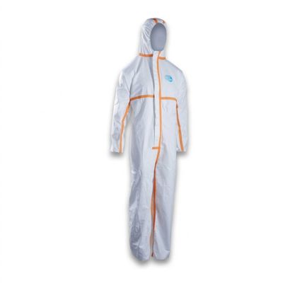 a white coverall with orange trims and a hood