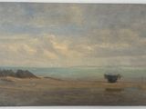 une peinture d'un bateau sur la plage au bord de l'eau