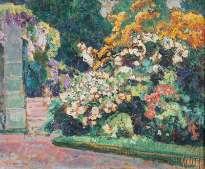 an oil painting of a garden with flowers in the foreground
