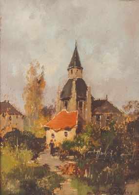 painting of a church with a steeple and a path in front of it