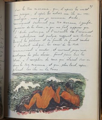 un livre ouvert sur lequel figure le dessin de deux personnes assises sur une plage