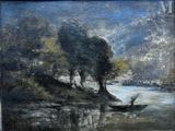a painting of a boat on the water by a tree