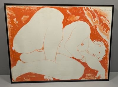 un tableau orange et blanc représentant une femme allongée sur un lit