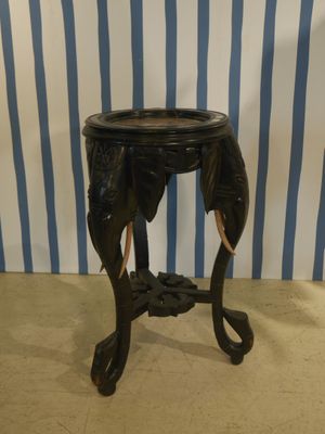 une table noire sur laquelle se trouve un oiseau, avec en arrière-plan un mur rayé de bleu et de blanc