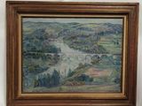 une peinture à l'huile représentant un pont au-dessus d'une rivière, dans un cadre en bois