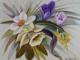 peinture représentant des fleurs violettes et blanches dans un vase posé sur une table