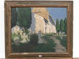 a picture of a painting of a church in a cemetery