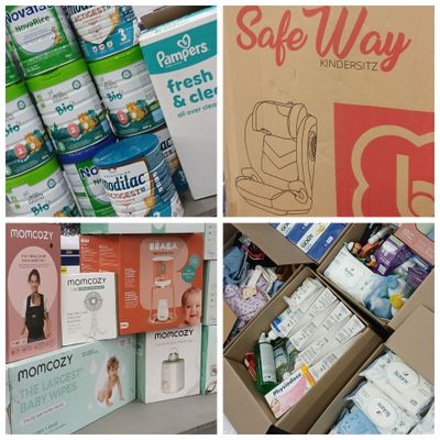 un collage de photos de produits pour bébés dans un magasin