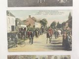 plusieurs anciennes cartes postales représentant des personnes à vélo ou à cheval dans une ville