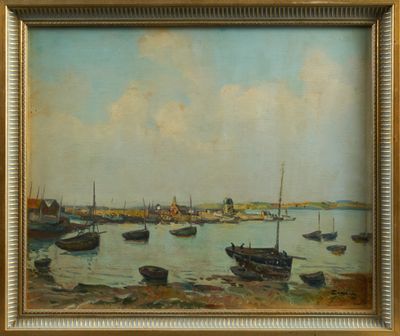 a painting of boats on the water with a sky background