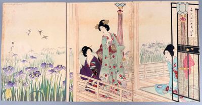 three panels of a painting of a woman in a kimono