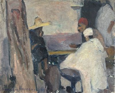 une peinture représentant un homme et une femme assis à une table