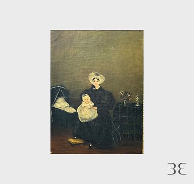 une image d'une peinture représentant une femme tenant un bébé sur ses genoux