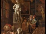 an image of a painting of a man in a room with a statue in the background