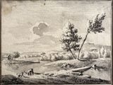 une photo d'un tableau représentant un homme et un chien