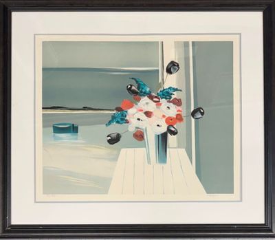 une peinture de fleurs dans un vase sur une table