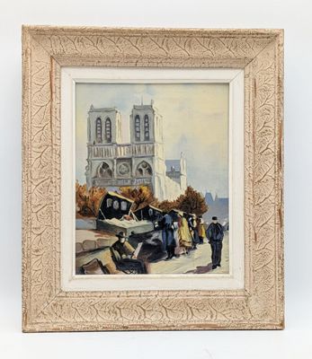 tableau représentant un groupe de personnes debout devant une église