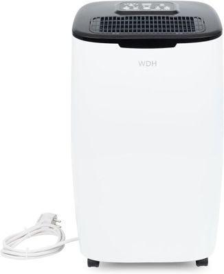 a white portable air conditioner sitting on top of a white table