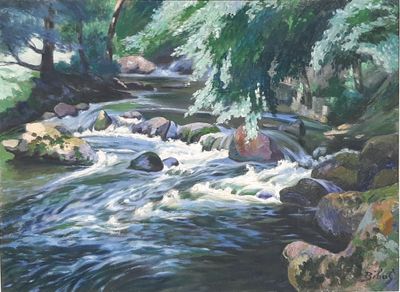a painting of a river running through a forest