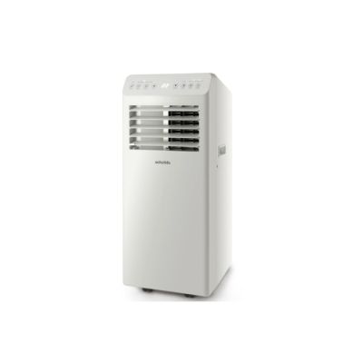 a white air conditioner sitting on top of a white table
