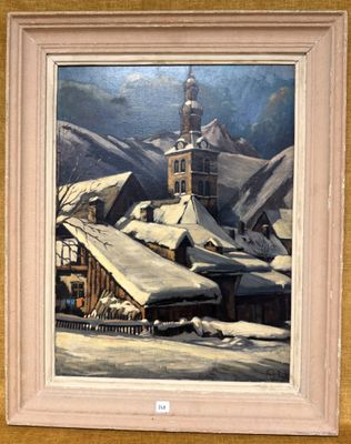 une photo d'un tableau représentant une ville recouverte de neige