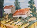 une aquarelle représentant une ferme au toit rouge