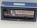 blue and white box with a red and white truck inside of it