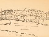 drawing of a view of a town with a boat in the water