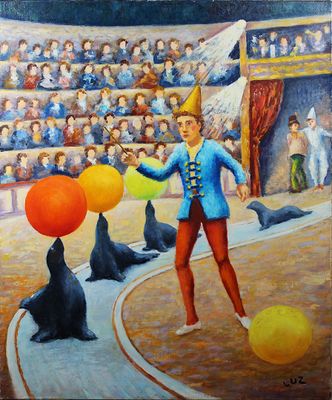 tableau représentant un homme jonglant avec des otaries dans un cirque